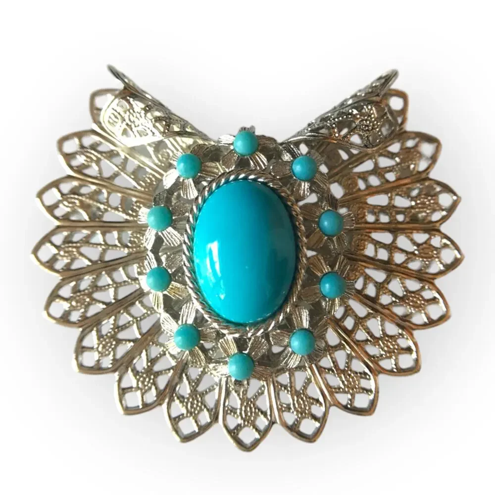 Ornate robin's egg blue and silver filigree convertible brooch, pendant